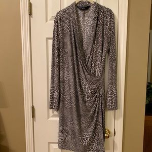 Norma Kamali, XXL, gray print faux wrap dress, EUC